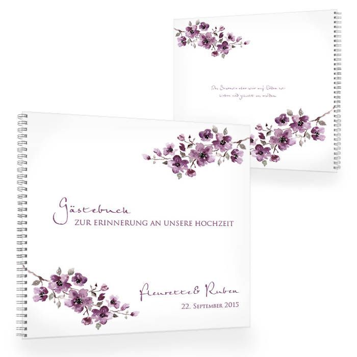 Romantisches Gästebuch zur Hochzeit mit Blumenranken in Lila